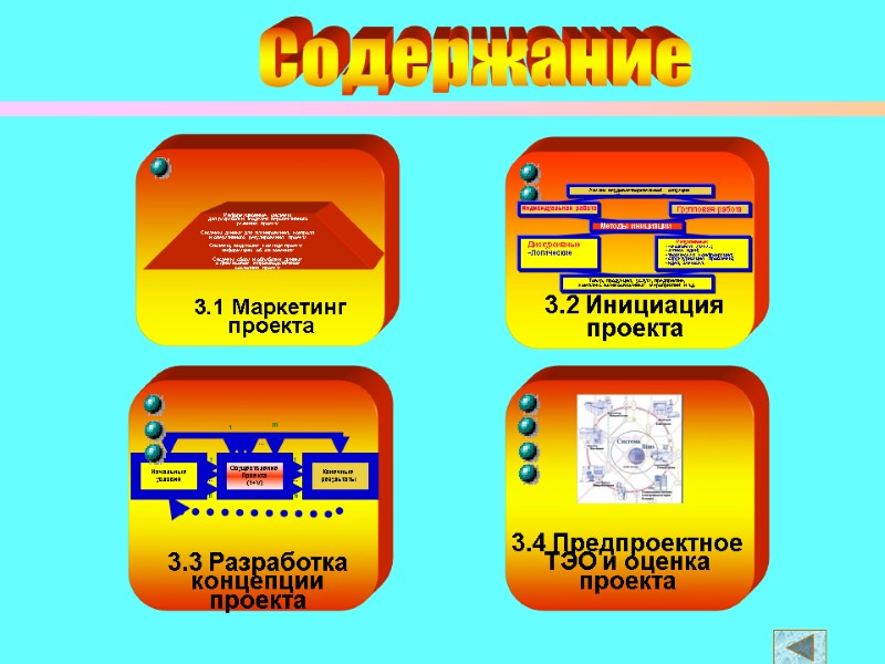 3.2 Инициация проекта 3.4 Предпроектное ТЭО и оценка проекта 3.1 Маркетинг  проекта Содержание